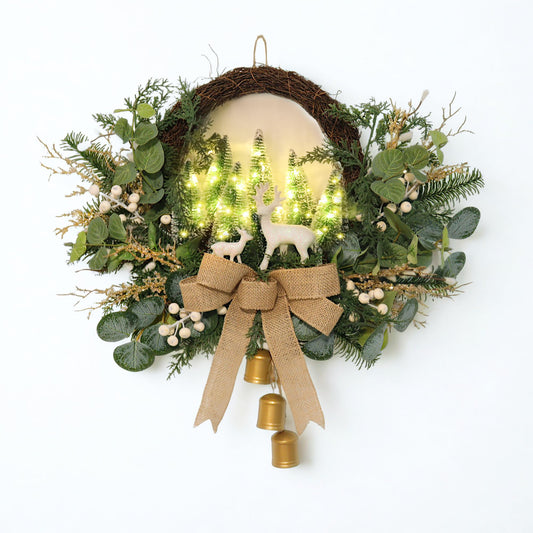 Lighted Christmas Wreath with LED Lights & White Deer, Bottle Brush Trees, Burlap Bow and Bells, Artificial Greenery Front Door Holiday Decoration with Timer