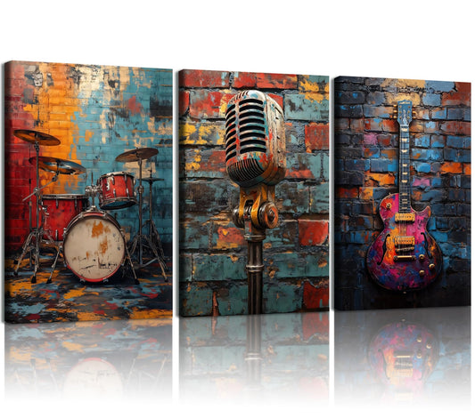 NCCXNCC 3pcs Framed Music Graffiti Canvas Wall Art Musical Instruments Banksy Wall Decoration Paintings Colorful Graffiti Posters Print Pictures Living Room Studio Bar Music Room Decoration 16×24 In