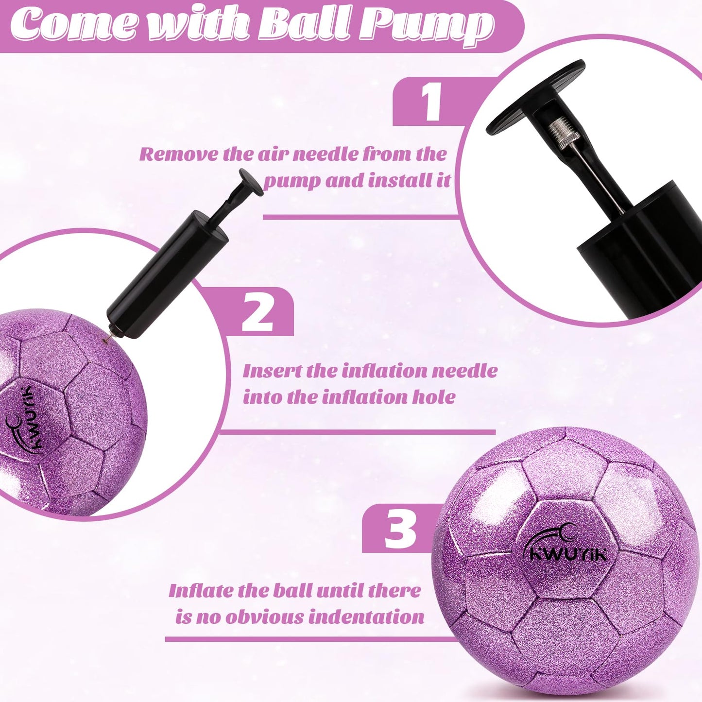 Size 3 4 5 Glitter Pink Gold Purple Soccer Ball Set with Pump Toddler Soccer Ball for Kids Aged 3-6 6-8 8-12 Outdoor Training Ball Youth Practice for Teens Children Boys Girls (Glitter Purple, 3)