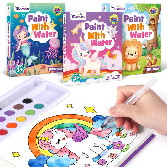 Mocoosy 3 Pack Paint with Water Coloring Books for Toddlers, Mess Free Watercolor Painting Set with Unicorn Mermaid Animal Themes, Travel Art Craft Activity for Kids, Birthday Gifts for Girls 3-5 4-8