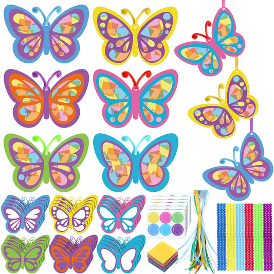 Motipuns 24 Pcs Butterfly Suncatchers Craft Kits DIY Butterfly Shaped Stained Glass Effect Tissue Paper Kits Bulk for Window Decor Spring Summer Party Favors Home Art Activities Gift Supplies