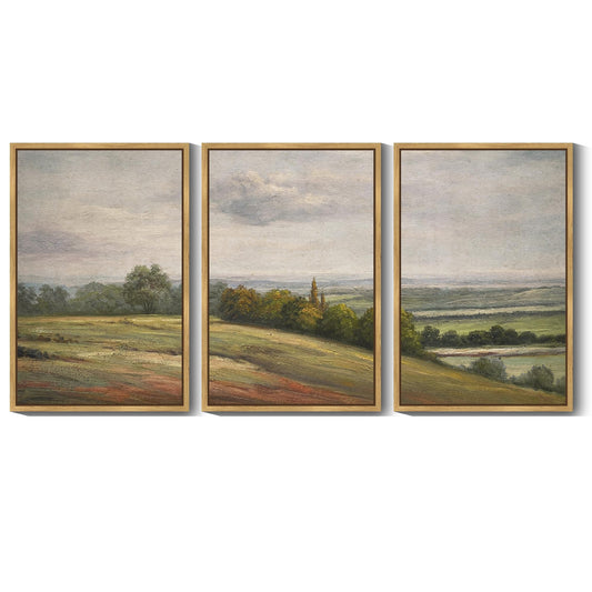 SHENIFY Extra Large Vintage Framed Wall Art White Clouds Over Vast Grassland Landscape Painting Retro Meadow Scenery Farmhouse Bedroom Above of Bed Living Room Deco - 24x36in3pcs Natural Framedr