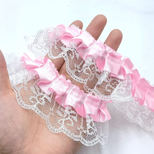 YOOGCORETT 2 Yards Pink Chiffon Lace Trims White Vintage Lace Ribbons for Wedding Decorations, DIY Craft, Handmade Costume Decoration - 1.8"Inch