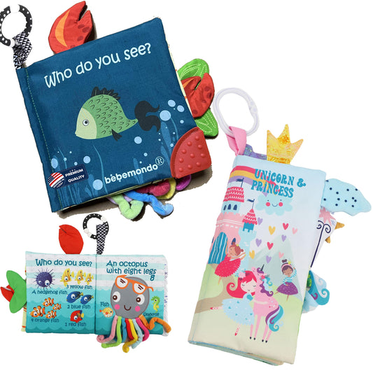 bebe mondo Unicorn Baby Crinkle Books & Fish Teething Toy for Newborn Babies Infants 0-3-6-12-18 Months Baby Gift