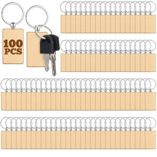 COMNICO 100 Pcs Wooden Keychain Blanks Bulk, Unfinished Laser Engraving Rectangle Keychain Blanks Wood Sign Ring Tag for DIY Gift Crafts Supplies Pet Tags