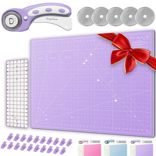 Rotary Cutter Set - Quilting Kit incl. 45mm Fabric Cutter, 5 Replacement Blades - Ideal for Crafting, Sewing, Patchworking, Crochet & Knitting (Lavender, A1 Set (36" x 24"))