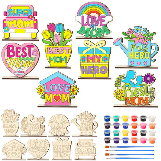 DoubleFill 16 Pcs Crafts Kits for Mother Birthday, Paint Your Own Mom DIY Coloring Wood Table Centerpiece Decoration, Wooden Tabletop Sign Bulk, Handmade Activity Gift for Best Mom Party Decor