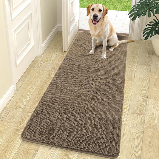 OLANLY Dog Door Mat - Absorbent Non-Slip Chenille for Muddy Paws | 70x24 Inches, Quick Dry Tan Doormat