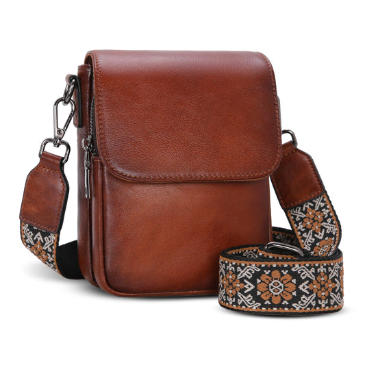 HESHE Leather Small Crossbody Bags for Women RFID Blocking Cell Phone Purse Anti-Theft Travel Bag with wide Straps (Brown)