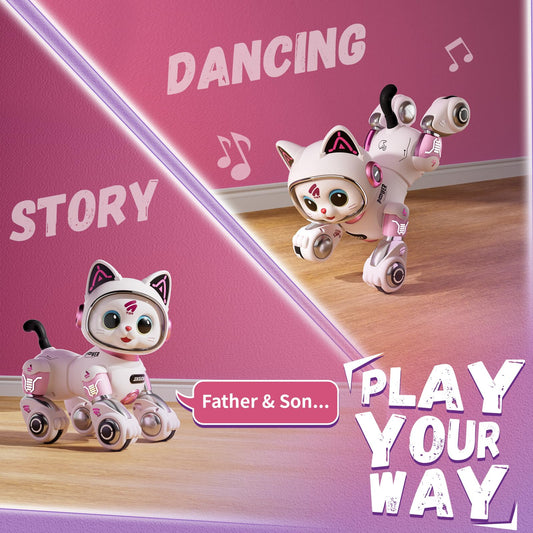 Aprilwolf RC Stunt Robot Cat Toys for Ages 8-13 with LED & Sounds, Rechargeable Interactive Remote Control Pet Puppy for 8+ Year Old Kids Girls Boys Birthday Gift, Dancing, Walking & Touch Sensing