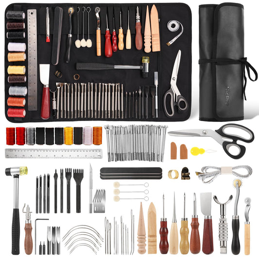 Nicpro 85PCS Leather Tooling Kit Leather Working Tools Kit with Custom Storage Bag, Adults Leather Making Craft Tools Beginner Kit for Stamping Sewing Carving Cutting Punching Leather Working
