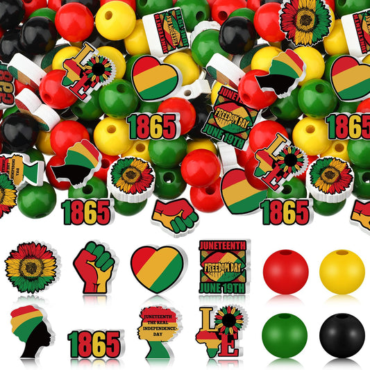 Waydress 200 Pcs Juneteenth Wooden Beads African Red Green Yellow Wood Beads Bulk 1865 Freedom Day Ball Ornaments with Hemp Rope for American Juneteenth Black History Month Home Party Decor DIY Crafts