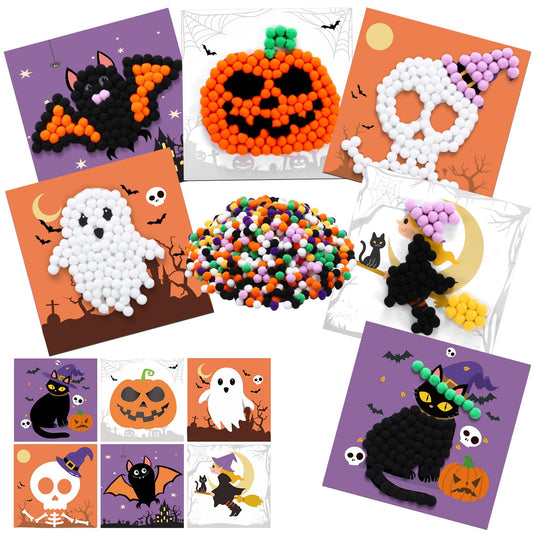 LaRandom 30 Sets Halloween Craft Kit DIY Pom-poms Art Make Your Own Pumpkin Ghost Witch Bat Skeleton Cats Crafts for Halloween Party Supplies Tricks or Treats Activities