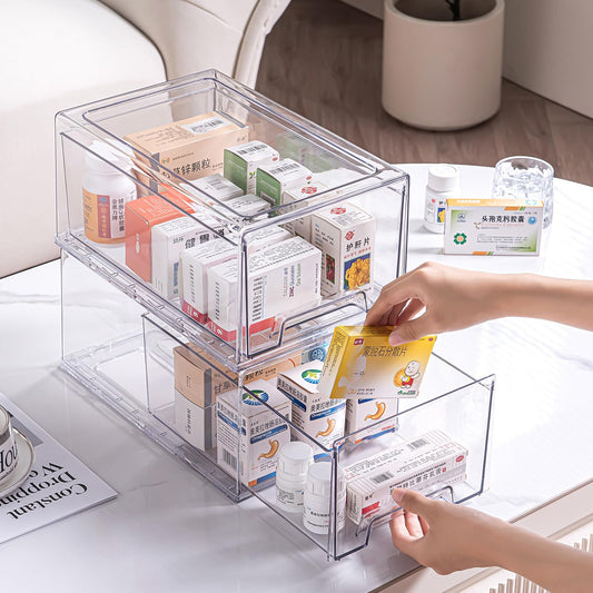 Sgoostood 2 Pack Stackable Organizer Drawers, Clear Desk Storage Box,Transparent Drawer in Home, Office and Kitchen Pull Out Organizer Bins for Make Up, Pen, Desktop Stationary (2Extra Large)