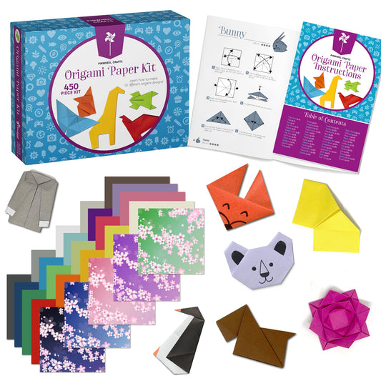 Pinwheel Crafts Origami Kit for Kids Ages 5-8,8-12 | 450 Sheets Origami Paper Kit w/ 50 Projects, 400 Solid Color Paper for Crafts, 50 Japanese Patterns & Guide Book | Christmas Gift for Boys & Girls