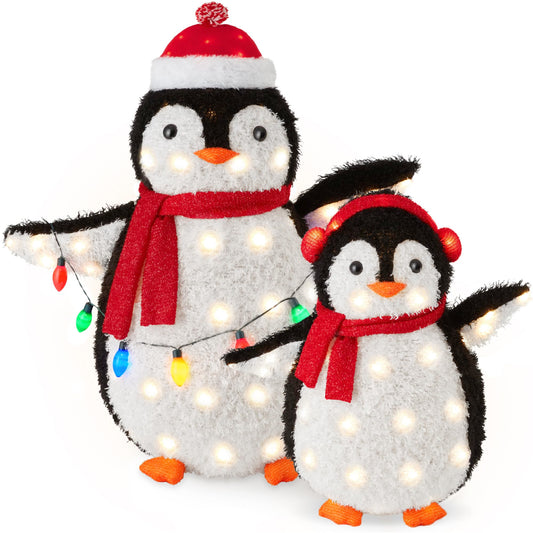 Best Choice Products 2-Piece Lighted Penguin Family, 3ft Pop-Up Outdoor Christmas Holiday Decoration w/ 150 LED Lights, Multicolored Lights - Red