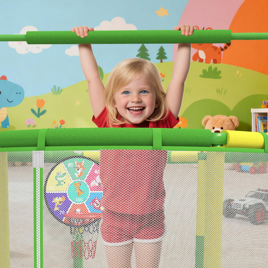 LANGXUN 60" Trampoline for Kids, 5ft Toddler Mini 6-in-1 Trampoline Indoor Outdoor with Swing, Basketball Hoop, Dart Board, Rings, Christmas Toys Birthday Gifts for Girls Boys