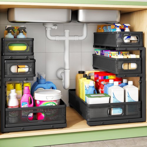 Kitstorack Under Sink Organizer - 3-Tier Height Adjustable Metal Pull-Out Shelf | 2-Pack for Bathroom & Kitchen Storage