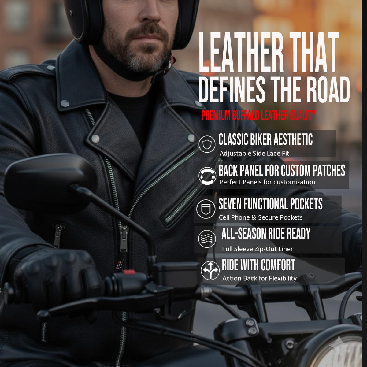 ICONIC Motorcycle Jacket for Men, Premium Buffalo Leather, Insulated Liner, Classic Side Laces, Cruiser Biker Black S