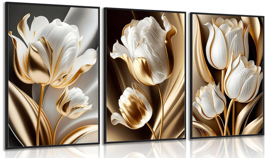 3Pcs Abstract White Gold Floral Wall Art Modern Luxury Minimalism Painting Pictures Wall Decor tulip Plants Posters Prints Artwork for Living Room Bedroom Office Home Decoration 12 x 16in unframed