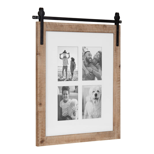 Kate and Laurel Cates Farmhouse Wooden Collage Picture Frame; 21x26 Matted to (4) 5x7; Rustic Natural Brown; Photograph Frame Fitting Four 5x7 Images with Barn Door-Inspired Design