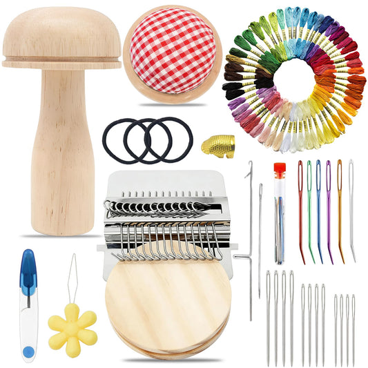 Mini Darning Mushroom for Socks 14 Hooks Small Speedweve Style Weaving Darning Loom with Knit Patch Kit Patch Maker Large Eye Needles 100 Colors Thread for Handcraft DIY Weaving Repair Tool
