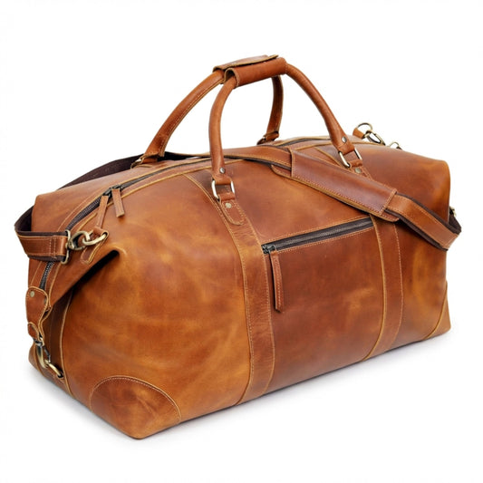 Cuero Full Grain Leather Duffle Bag for Men, Buffalo Overnight Weekend Travel Bag, Carry On with Organized Pockets, YKK Zippers, Adjustable Strap (Tan)