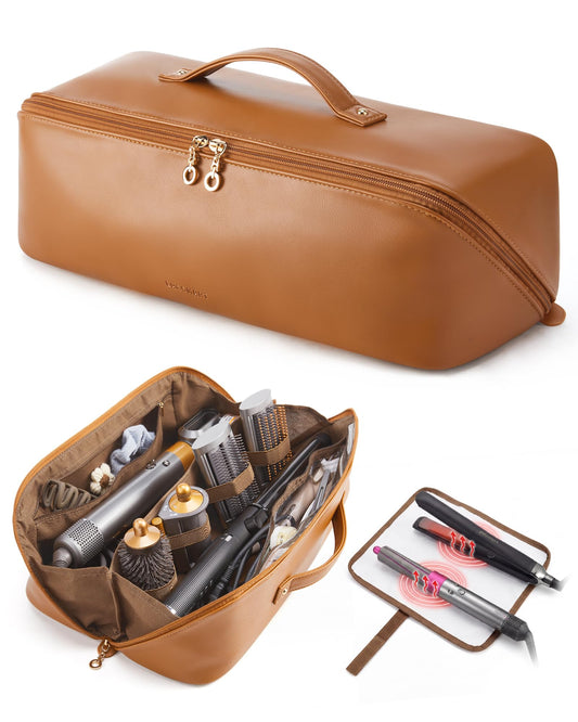 BAGSMART Hair Tool Organizer Travel Bag Compatible with Dyson Airwrap, Shark Hair Dryer, Wide-open Accessories Organizer with Heat Resistant Mat, Makeup Bag for Dyson Attachments, Curling Iron,Leather