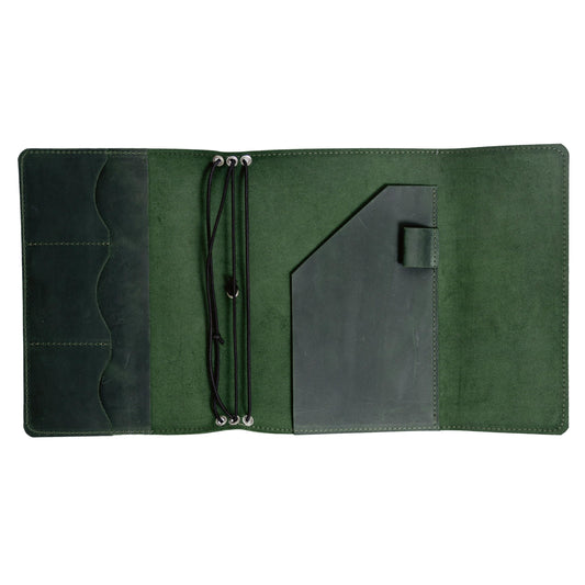OMBUO Full-Grain Leather A5 Journal Cover – Refillable Traveler’s Notebook Case with 3 Elastic Bands, Pen Loop & Card Pockets – Fits A5/Half-Letter Inserts (Paper Not Included), Green