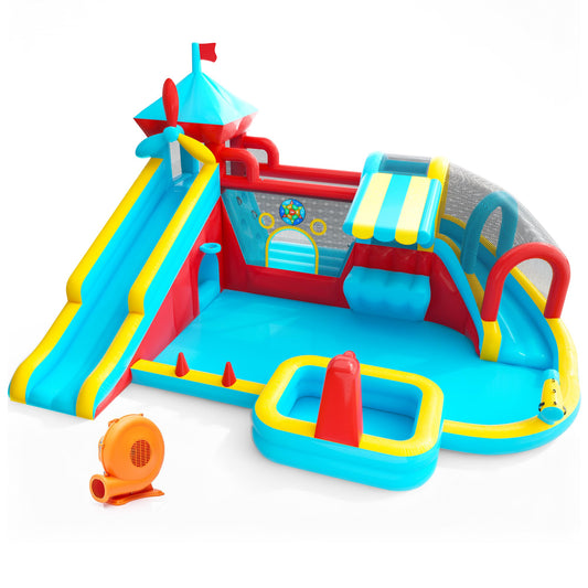 Inflatable Bounce House with Double Slide, Water Slide with Jumping Area, 10 in 1 Large Bounce Castle, Splash Pool, Climbing Wall, Toy Stand, Water Cannon, Basketball, Tunnel, Outdoor, Indoor, Blue