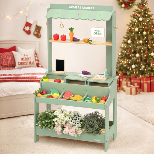 PairPear Wooden Mud Grocery Stand, 2-in-1 Outdoor Market Stand & Mud Kitchen for Kids Outdoor, Montessori Pretend Play Toy with 14 Accessories, Cash Register & Play Food, Ages 3+ in Green