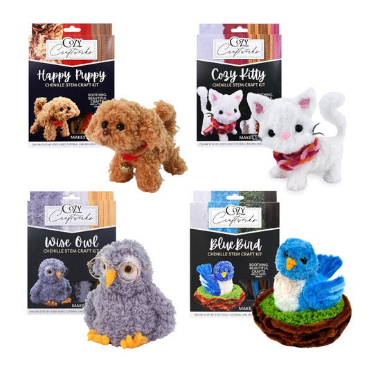 WeVeel Cozy Craftworks Chenille Stem Animal Craft Kit for Adults – Create 4 Adorable Animals (Kitty, Puppy, Bird & Owl) – Relaxing DIY Arts & Crafts Kit with All Supplies