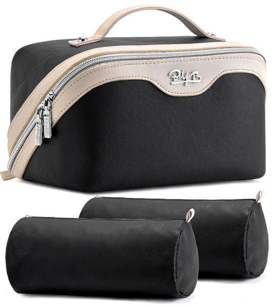 BOYATU Travel Makeup Bag Organizer Cosmetic Bag: 3 Pcs Set Make up Bags for Women with Handle - Waterproof Vegan Leather Toiletry Bags Travel Essentials Pouch with Compartments (A-01-Black)