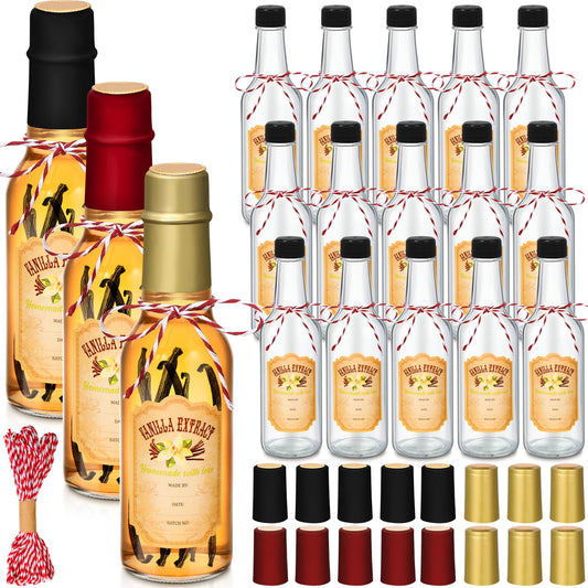 Tioncy 16 Pcs Empty Vanilla Extract Bottles for Homemade Vanilla Jar Glass Bottle with Cap, Shrink Band, Sticker DIY Crafts Wedding Gift Food Storage Canister for Bean(Black, Red, Gold,5 oz)