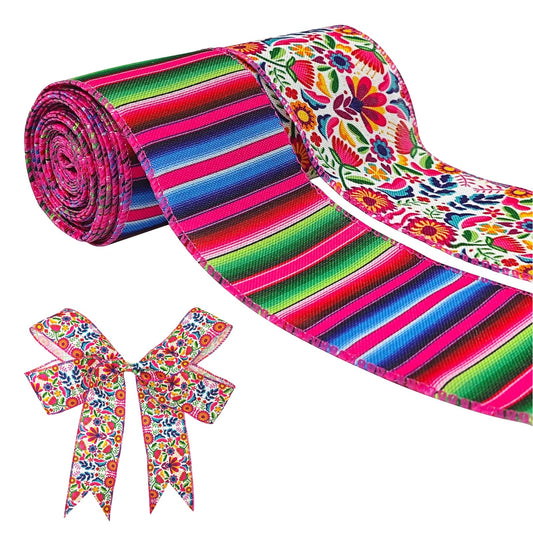 2 Rolls Mexican Fiesta Ribbons Wired for Wreath Bow Wrapping Gifts,2.5"×10 Yards Wired Edge Mixed Color Stripes and Flowers Wired Ribbons for Gift Wrapping Party Decoration
