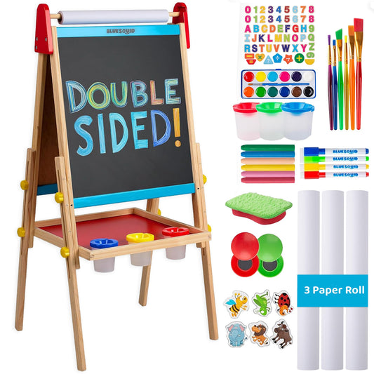 Blue Squid Art Easel for Kids with Paper Roll x 3, Includes 100+ Accessories, Double Sided Adjustable Wooden Painting Easel with Magnetic Chalk Board, White Board for Toddlers Ages 3,4,5,6,7,8,9,10,12