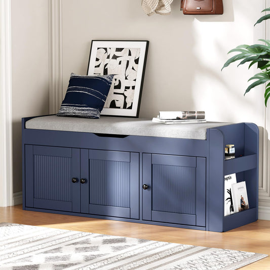HOTAMO 42.6" Storage Bench - Entryway Shoe Bench with Side Storage Shelves and 3 Doors, Multifunctional Entryway Bench with Lift Top Cushion, Shoe Storage Bench for Bedroom, Living Room, Blue
