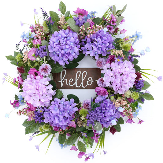 AMORISE 24" Spring Summer Wreaths Front Door with Hello Sign,Purple Hydrangea Wreath with Wildflowers Greenery Leaves,Eucalyptus Wreath for Front Door,Porch,Farmhouse,Wall,Window Outdoor Decor
