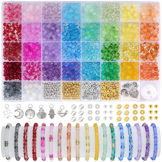 Funtopia Glass Beads for Bracelets 6mm, 1396pcs Bracelet Making Kit 34 Colors Glass Beads for Jewelry Making, Crystal Beads for Bracelets DIY Crafts with Spacer Beads and Charms