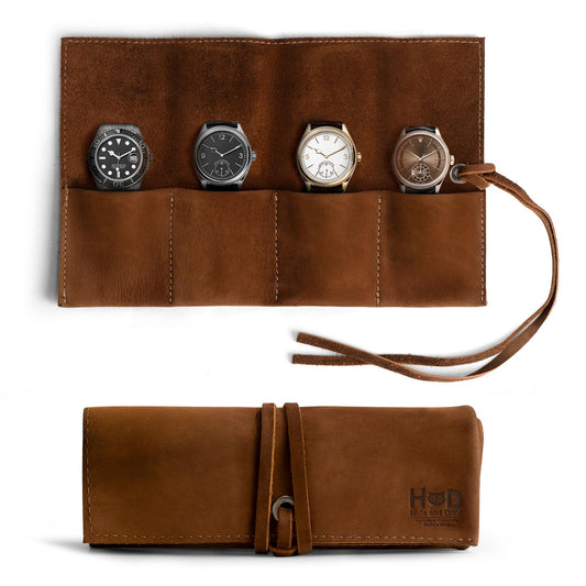 Hide & Drink, Leather Watch Roll Organizer Handmade from Full Grain Leather, Holds Up to 4 Watches, Easy Carry On Watchlover Storage (Swayze Suede)