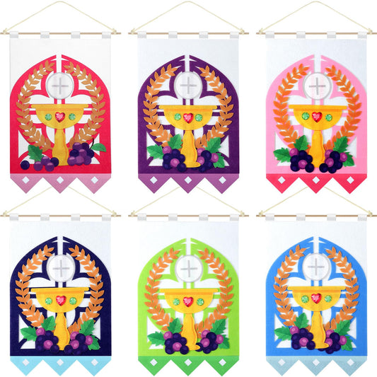 SmoothNovelty 6 Sets First Communion Banner Kits 9 x 12 Inches Felt Holy Communion Banner Kits Sunday School DIY Arts and Crafts Kit for Kids First Communion Gifts for Boys or Girls