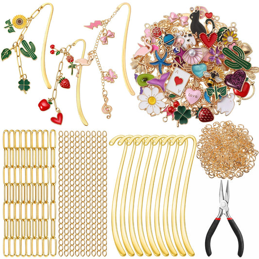Tudomro 250 Pcs Metal Bookmarks Making Kit, DIY Metal Bar Bookmark Kit, DIY Craft Supplies with Charms, Jump Rings, Chains and Tools, Jewelry Making for Custom Bookmark Crafts (Cute)