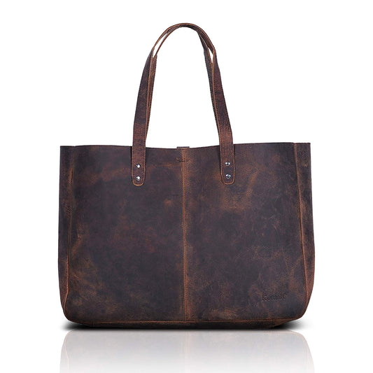KomalC Leather Tote Bag for Women Purse Satchel Travel Bag shopping Carry Messenger Multipurpose Handbag (15 INCH, Buffalo Distressed Tan)