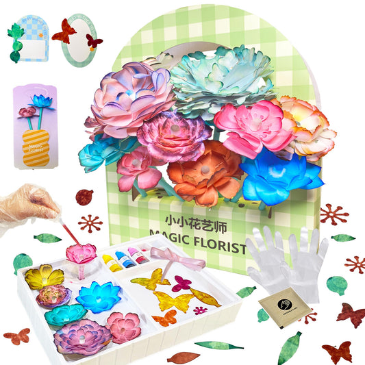 TEHZYORA Paper Flower Science Kits & Crafts for Girls Ages 8–12 – DIY Color-Wicking Blooming Flowers with Primary Dyes, STEM Art Project, Bouquet Box Included (Green)