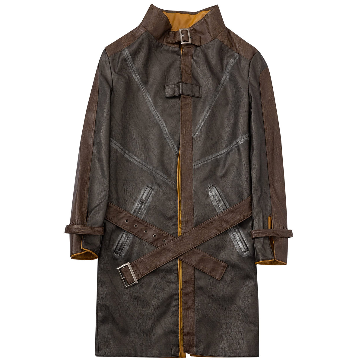 saounisi Men's Brown Faux Leather Trench Coat, Cosplay Jacket, X-Large