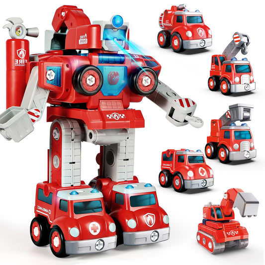 Baobrava 3 4 5 6 Year Old Boy Birthday Gift, 5-in-1 Take Apart Fire Truck Toys, Transformers Robot Toys for Boys 3-8, STEM Montessori Drill Screw Set, Creative Educational Construction Gifts