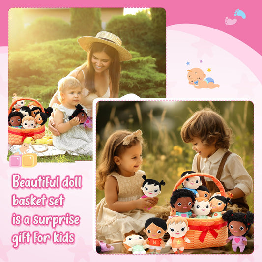 HyDren 10 Pcs Multicultural Plush Dolls with Basket, Diverse Soft Stuffed Dolls for Kids, Inclusive Toys for Preschool Classroom Daycare, Cultural Awareness Gift Set for Boys Girls