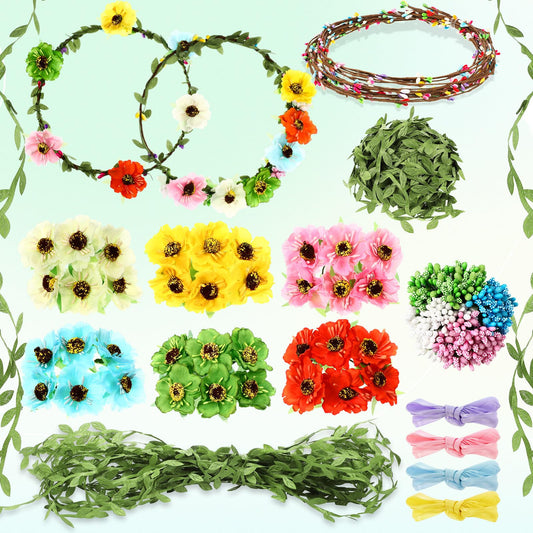 Zeyune 20 Sets Spring Tea Party Favor Flower Crowns Making Kit, Make Your Own Flower Crown Wreath Garland Headbands Craft Kit Handmade DIY Fairy Floral Hair Accessories Gift for Women