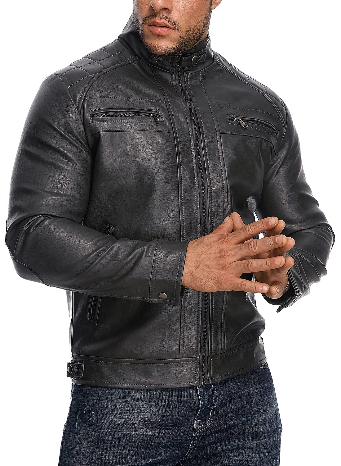 HOOD CREW Men’s Stand Collar Leather Jacket Casual Faux Leather Motorcycle Jacket Outerwear Coat with Zipper Pockets Black XL