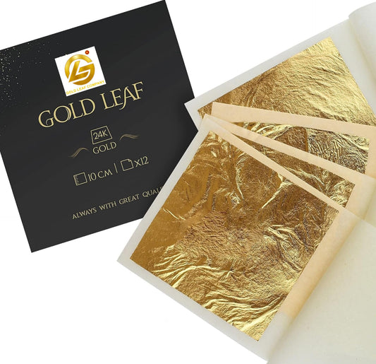 Gold Leaf 10 pcs Gold Vark Sheets Pure Foil Leaf 24K Baking Cakes,Sweets,halwa,madicine,Food for Anti-Aging Facial Spa Art Craft Gilding (Gold 3x2inches) 10 .Pcs